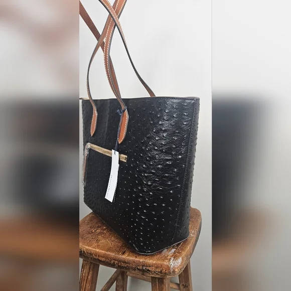 NWT Dooney & Bourke Large Ostrich Embossed Italian Leather Tote: Black & Tan